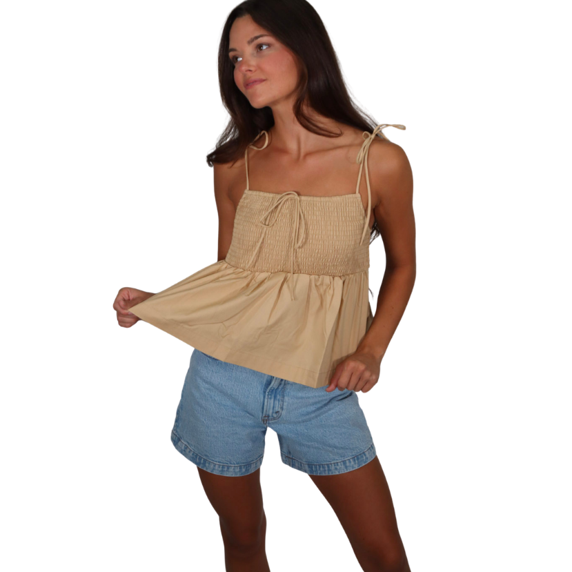 Smocked Bodice Tie Shoulder Poplin Top