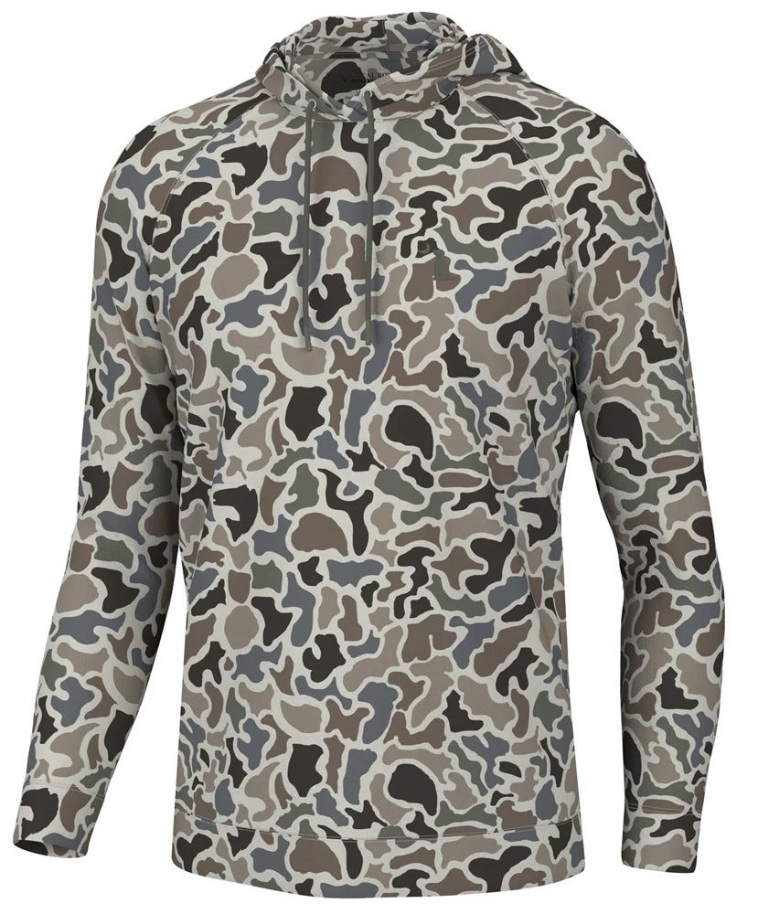 A camouflage pattern hoodie with an adjustable drawstring hood, zipper front, and the 'Local Boy' brand tag visible on the bottom right.