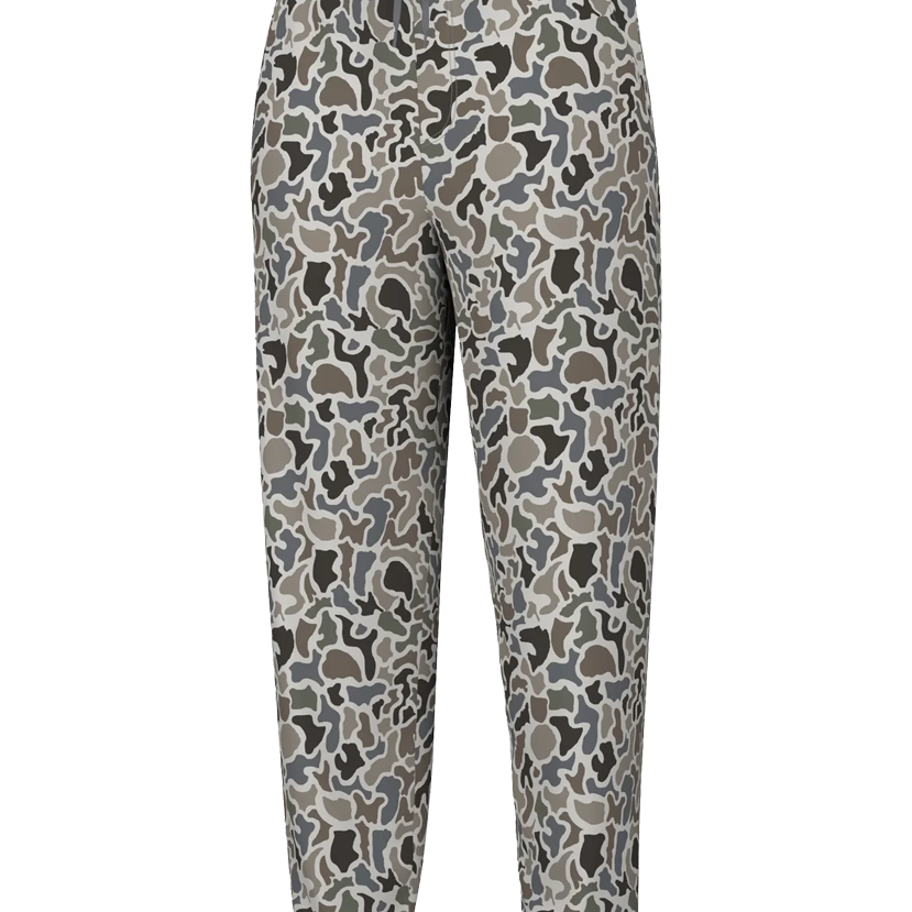 A pair of men's joggers with a camouflage pattern in muted colors.