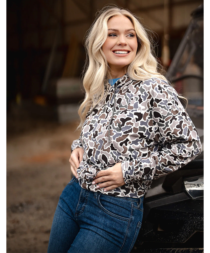 A camouflage pattern hoodie with an adjustable drawstring hood, zipper front, and the 'Local Boy' brand tag visible on the bottom right.