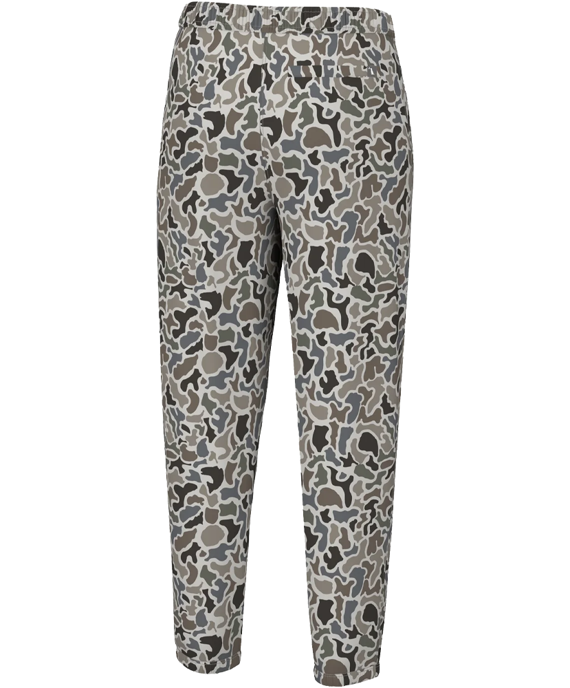 A pair of men's joggers with a camouflage pattern in muted colors.