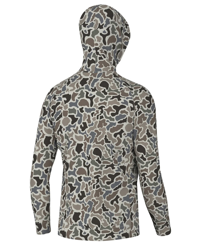 A camouflage pattern hoodie with an adjustable drawstring hood, zipper front, and the 'Local Boy' brand tag visible on the bottom right.