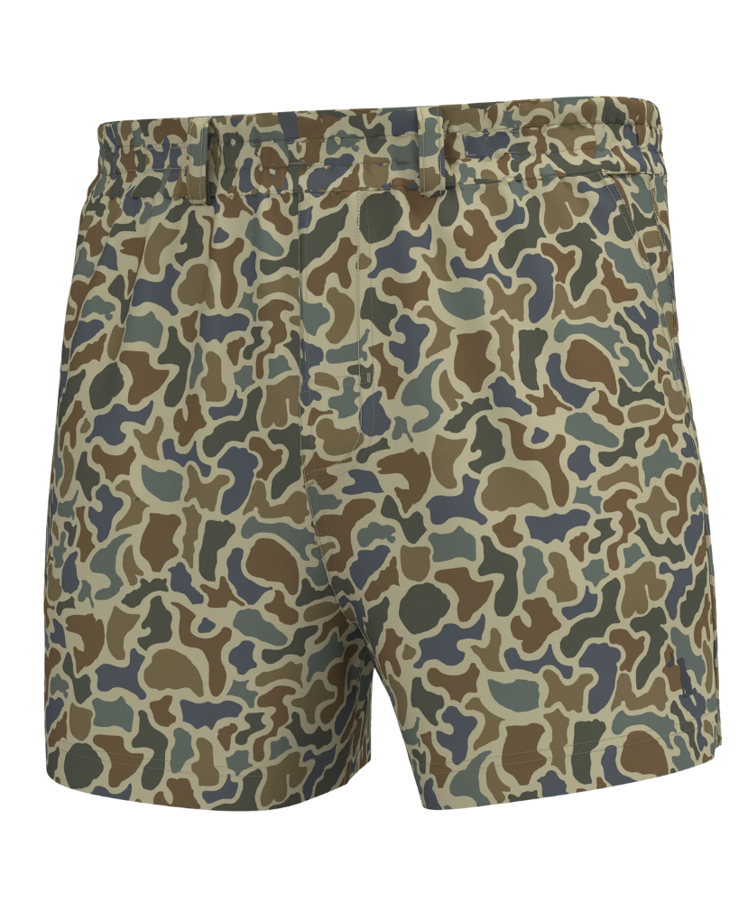 A pair of men's shorts featuring a classic camouflage pattern in shades of olive green, brown, tan, and dark gray, displayed against a solid white background.