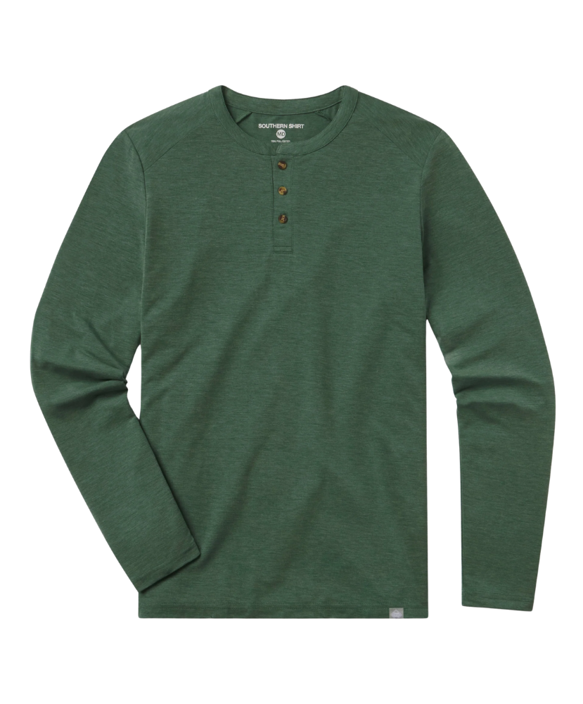 Green long-sleeve henley shirt on a white background