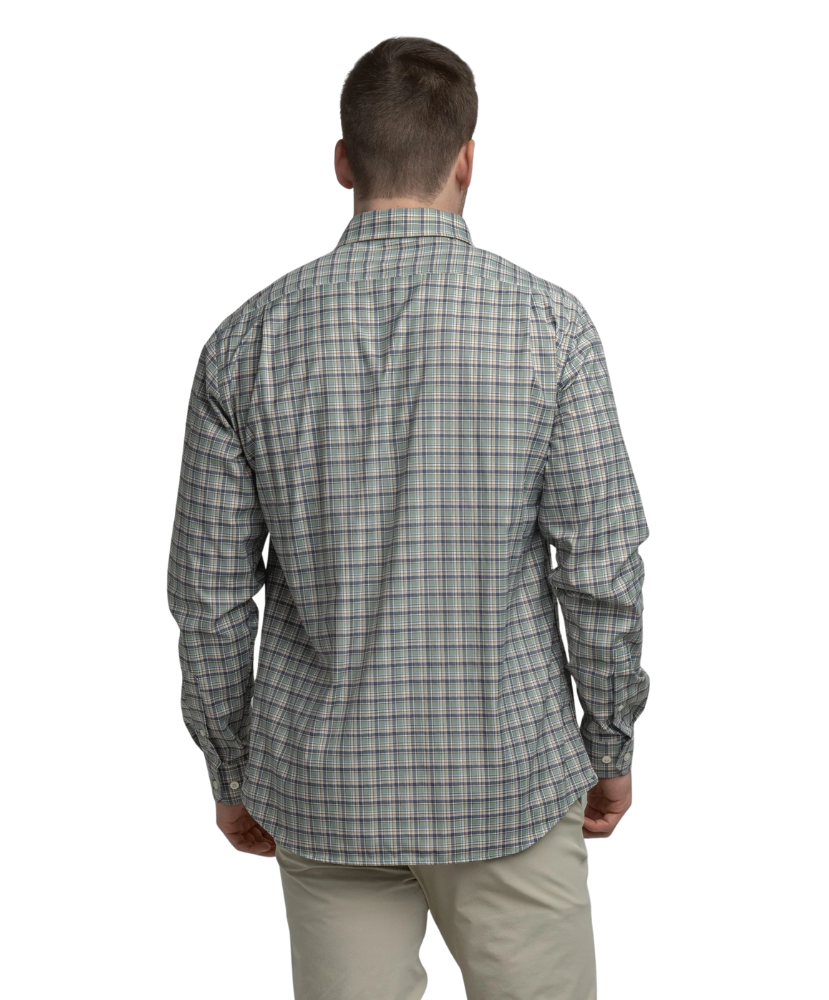 Man wearing a plaid shirt from behind on a white background