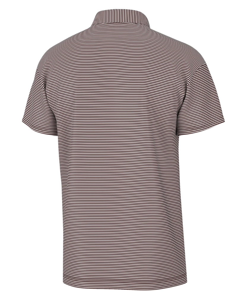 Back view of a LOCAL BOY maroon and white striped polo shirt on a white background