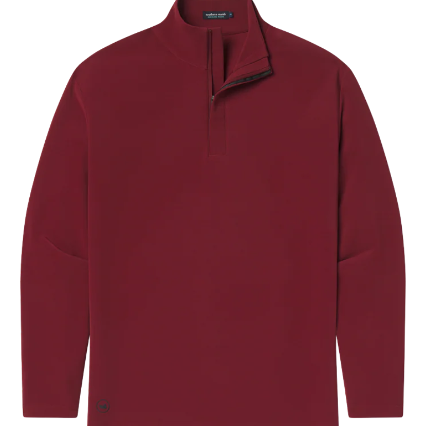 Maroon long-sleeve shirt with a quarter-zip on a white background