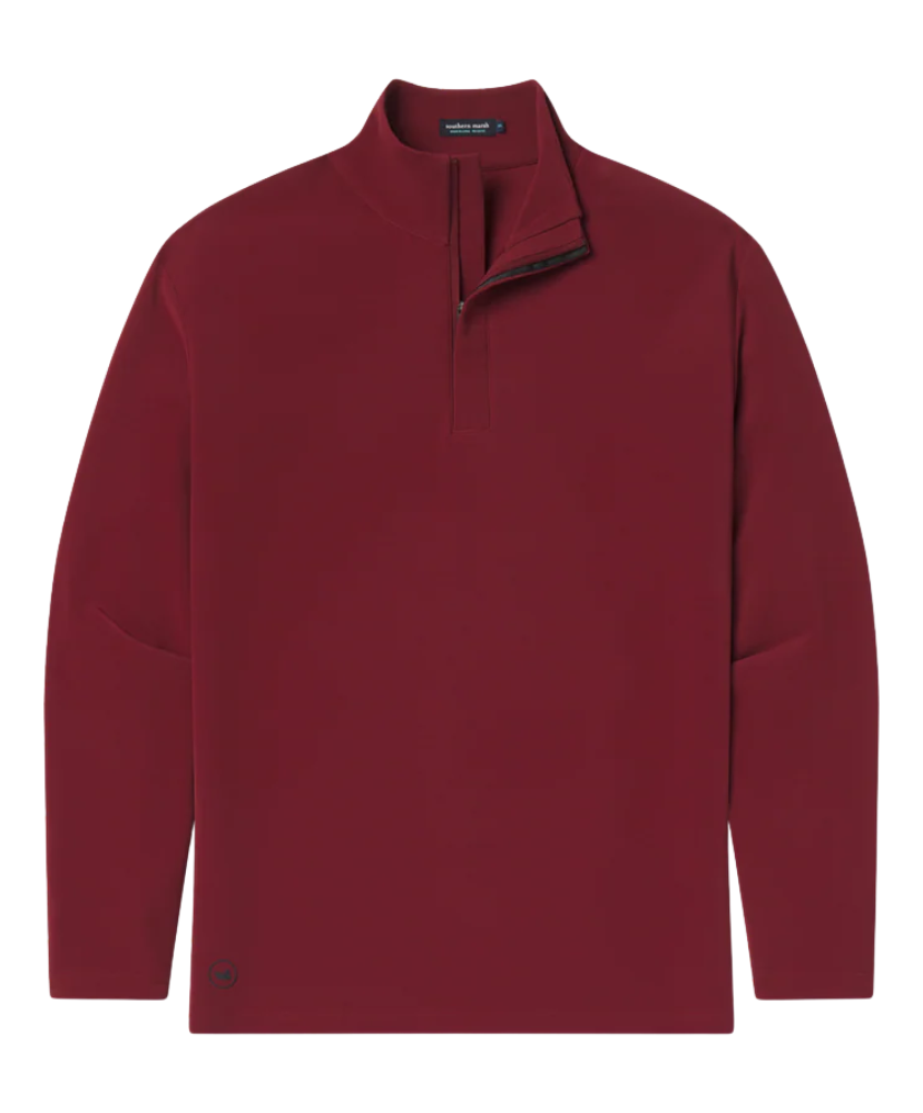 Maroon long-sleeve shirt with a quarter-zip on a white background