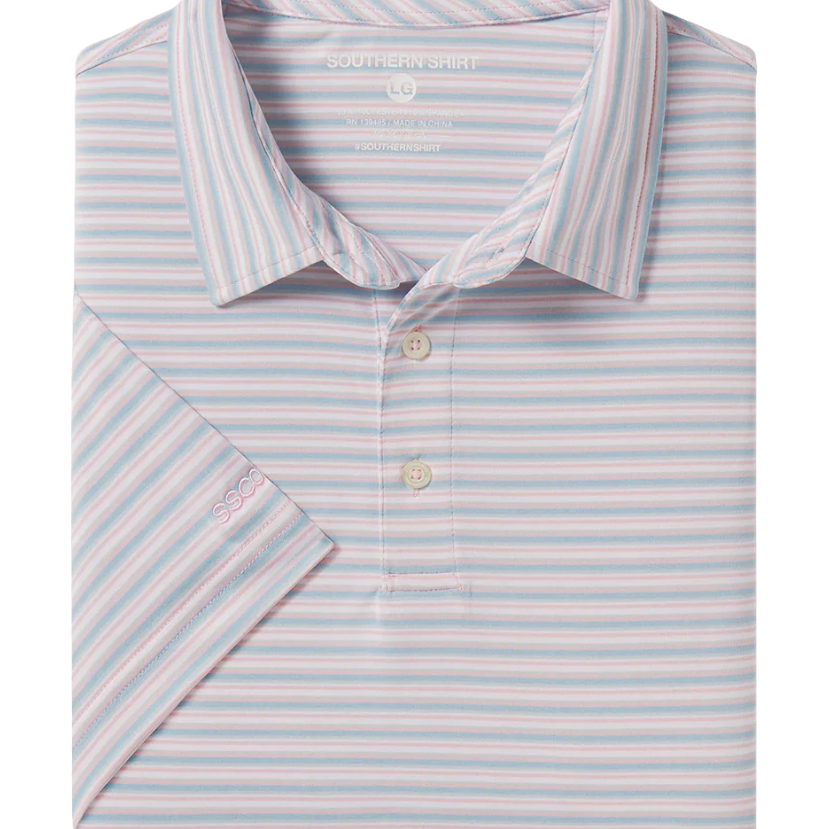 Folded light blue and white striped polo shirt on a white background