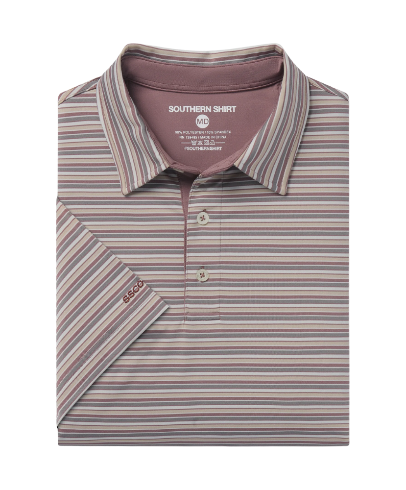 Folded striped polo shirt with 'Southern Shirt' label on a white background