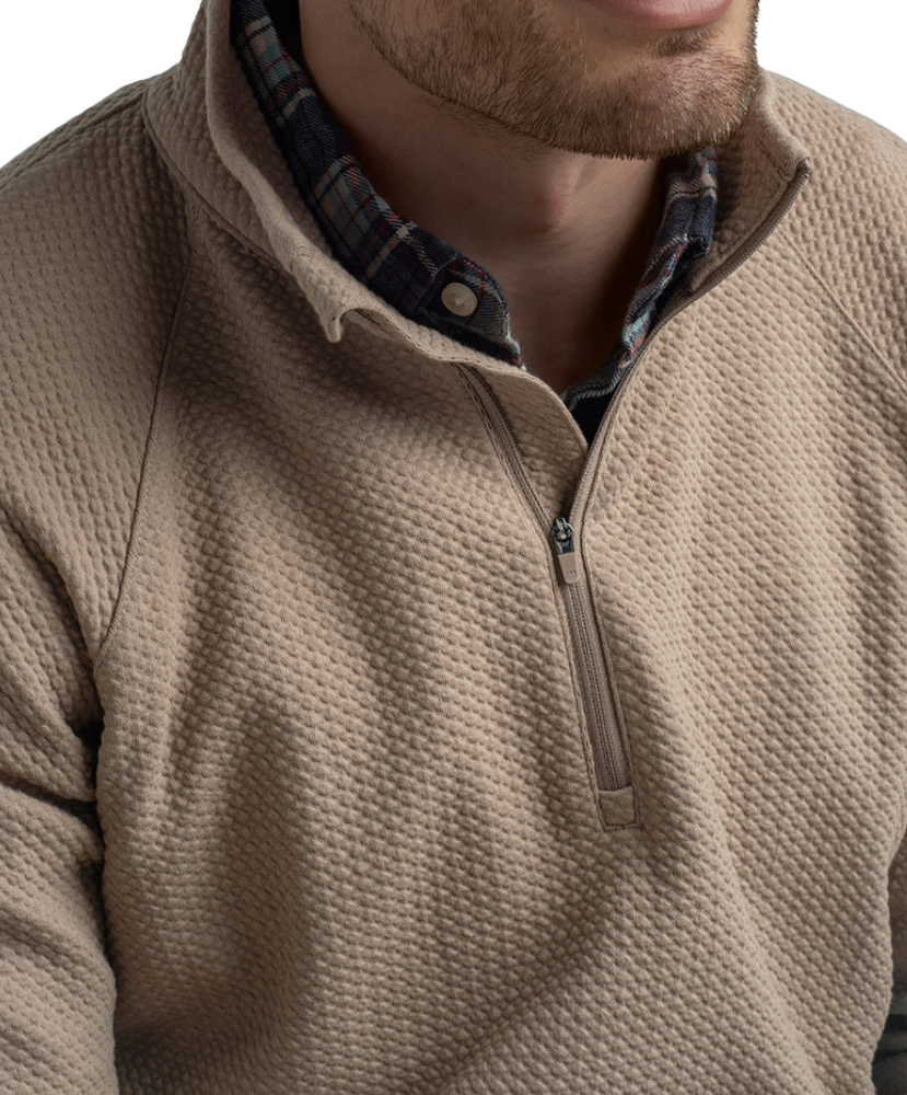 Man wearing a light brown long-sleeve quarter-zip pullover on a white background