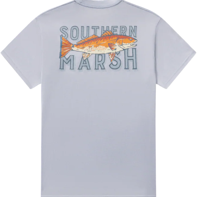 Light blue t-shirt with a redfish graphic and 'Southern Marsh' text on a white background