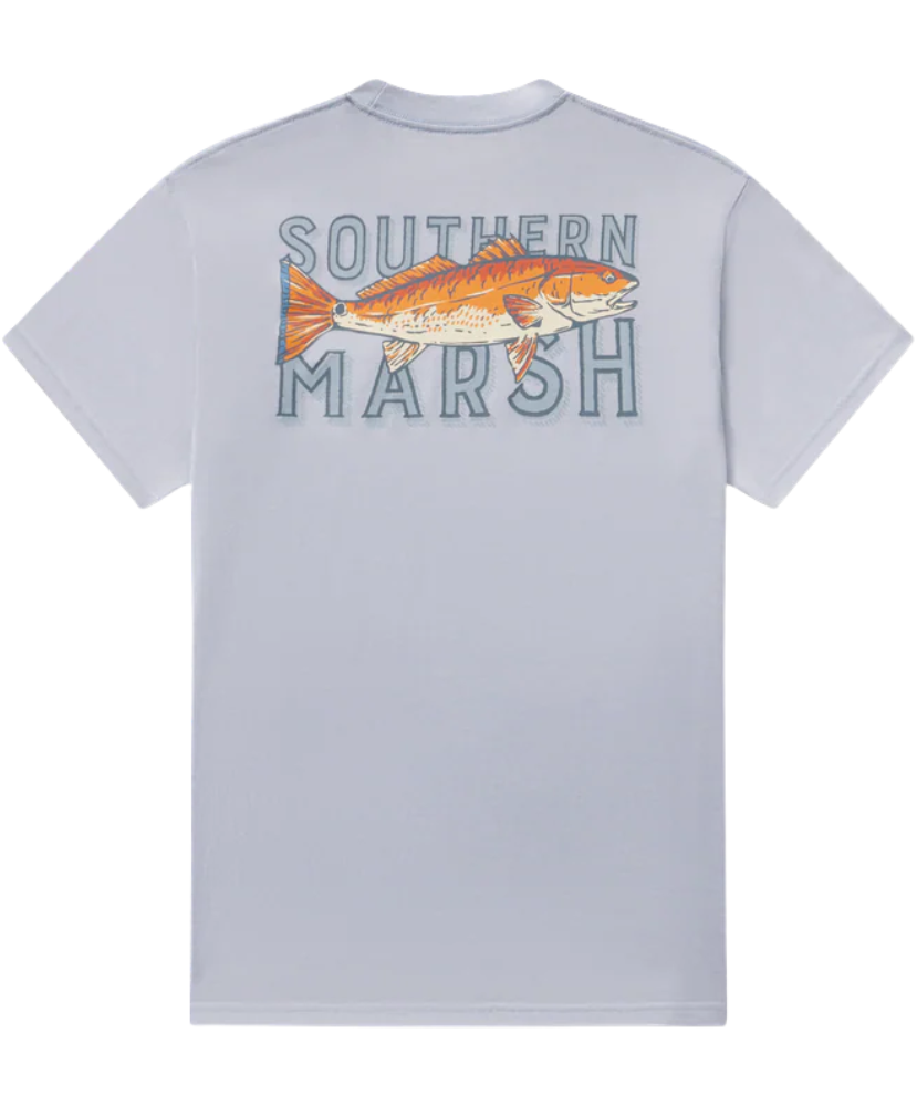 Light blue t-shirt with a redfish graphic and 'Southern Marsh' text on a white background