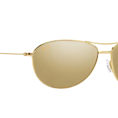 Gold aviator Maui Jim polarized sunglasses with reflective lenses on a white background