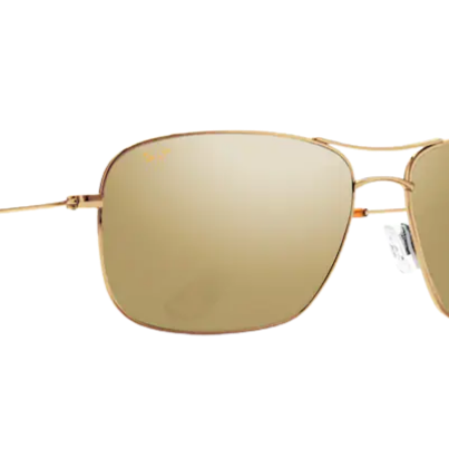 Gold Maui Jim aviator sunglasses with reflective polarized lenses on a white background