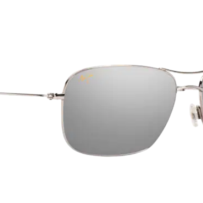 Silver Maui Jim aviator sunglasses with reflective polarized lenses on a white background