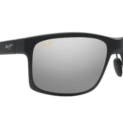 Black Maui Jim sunglasses with silver polarized reflective lenses on a white background