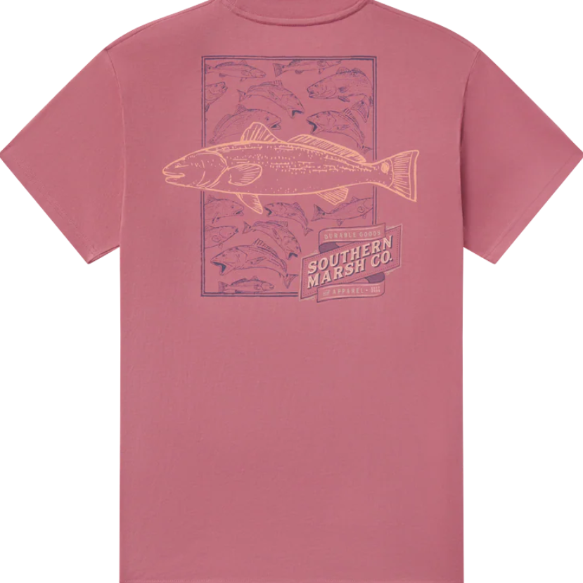 RED t-shirt with fish graphic and 'Southern Marsh Co' logo on a white background