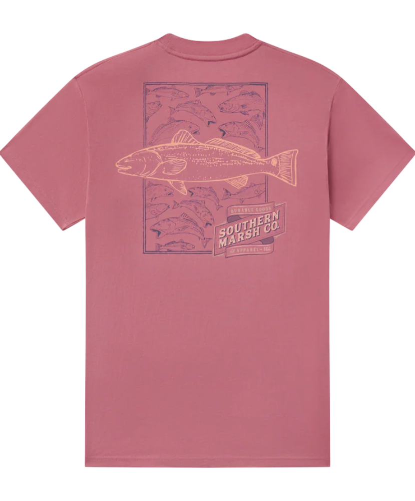 RED t-shirt with fish graphic and 'Southern Marsh Co' logo on a white background