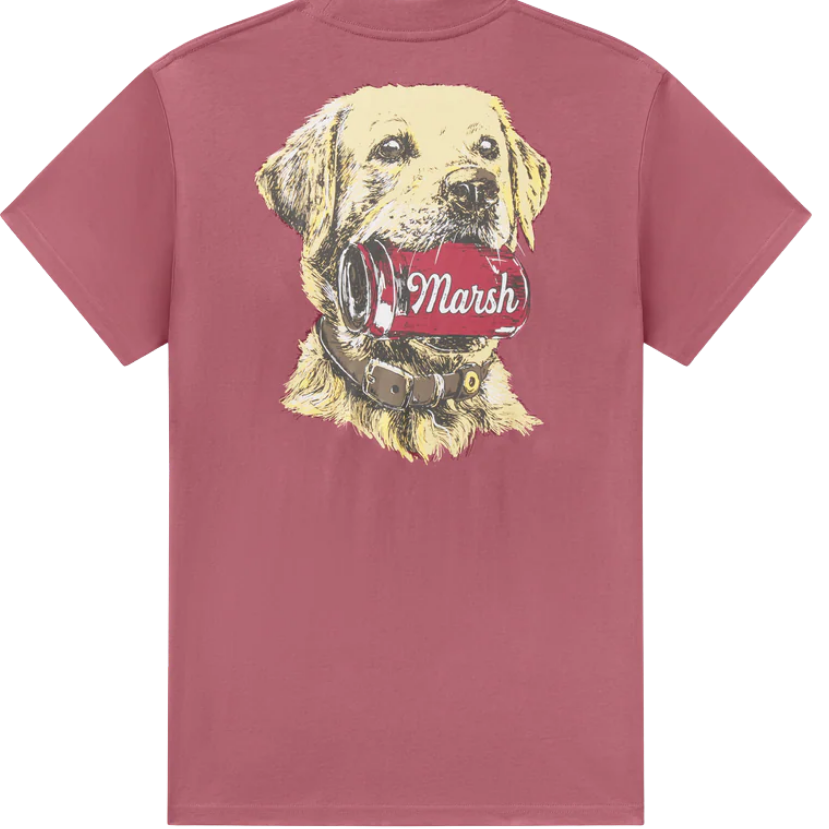 Maroon t-shirt with a yellow lab holding a can that says MARSH graphic on the back.