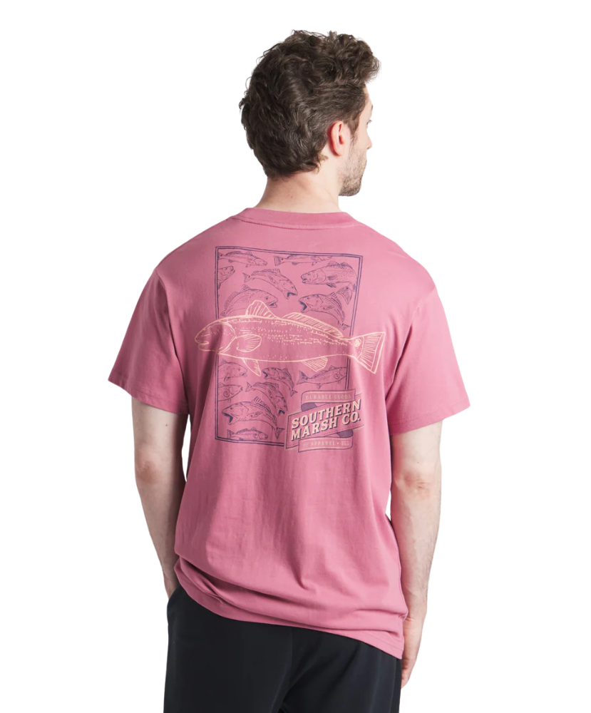 RED t-shirt with fish graphic and 'Southern Marsh Co' logo on a white background