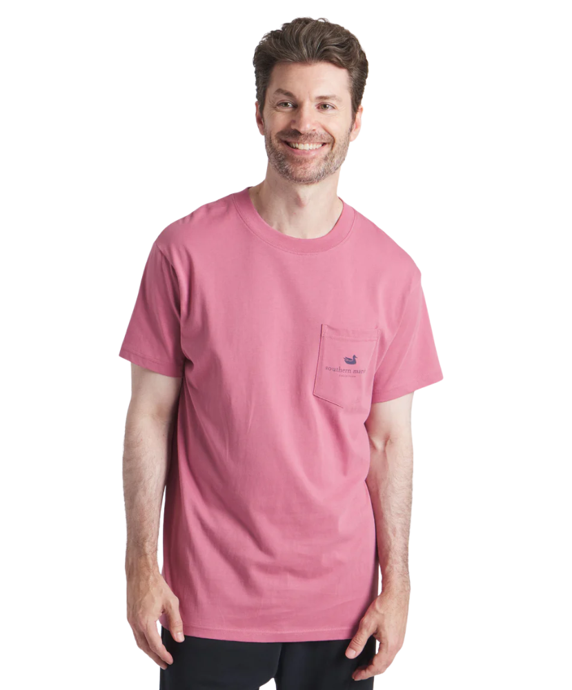 RED t-shirt with fish graphic and 'Southern Marsh Co' logo on a white background