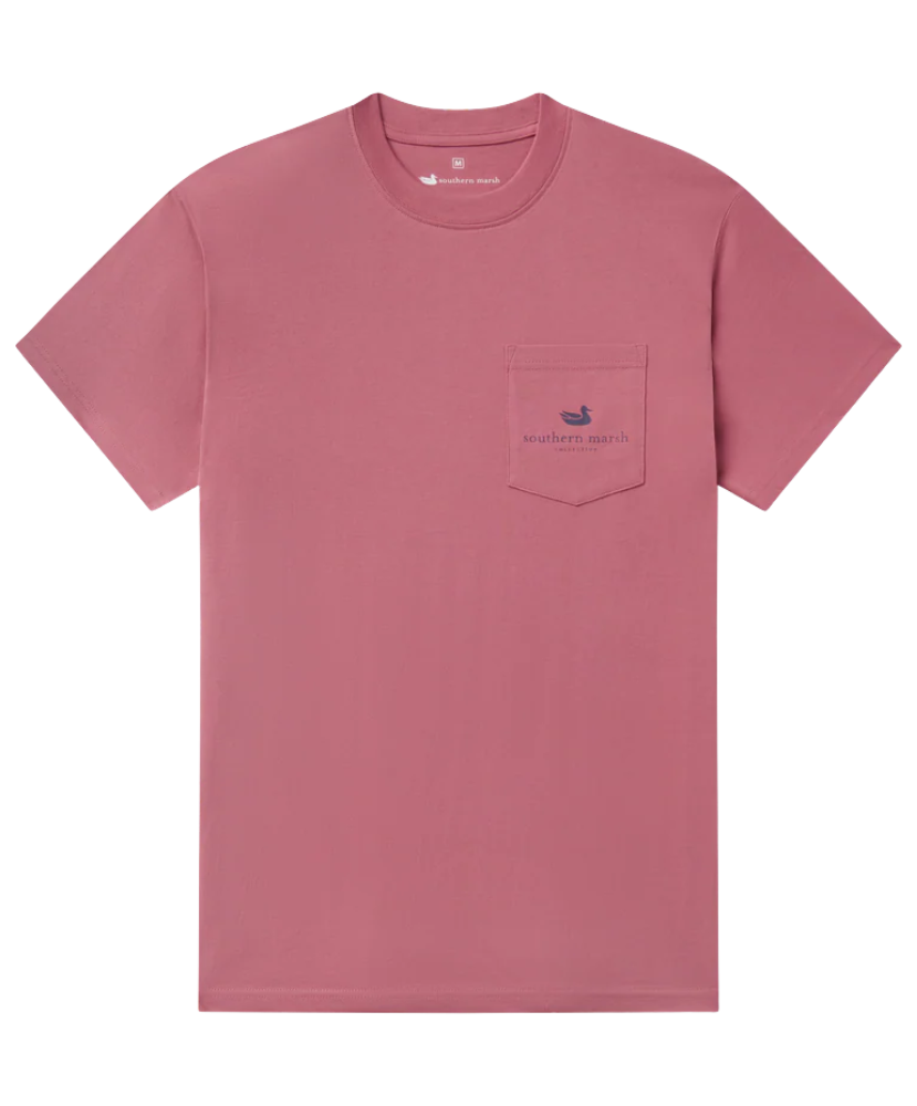 RED t-shirt with fish graphic and 'Southern Marsh Co' logo on a white background