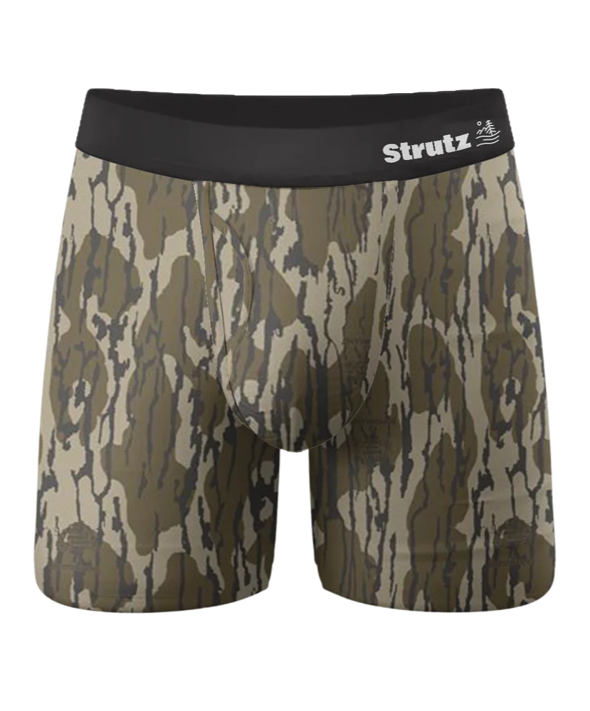 Camouflage-patterned boxer briefs with black waistband on a white background