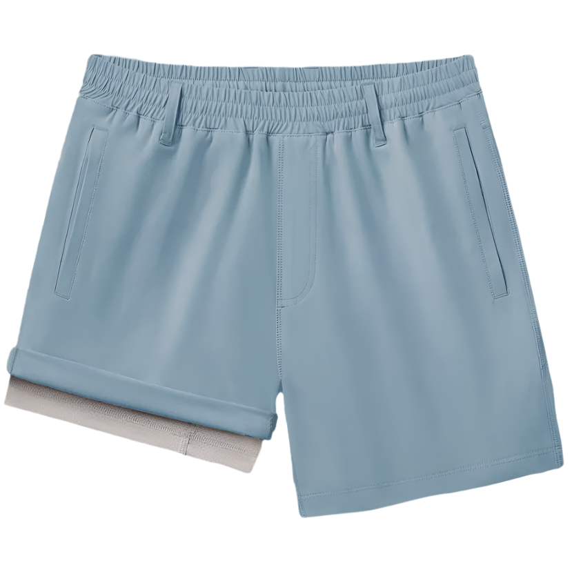 A pair of blue everyday hybrid shorts 2.0 with a built-in liner, water-repellent finish, and a fully elastic waistband with a reversible drawstring.