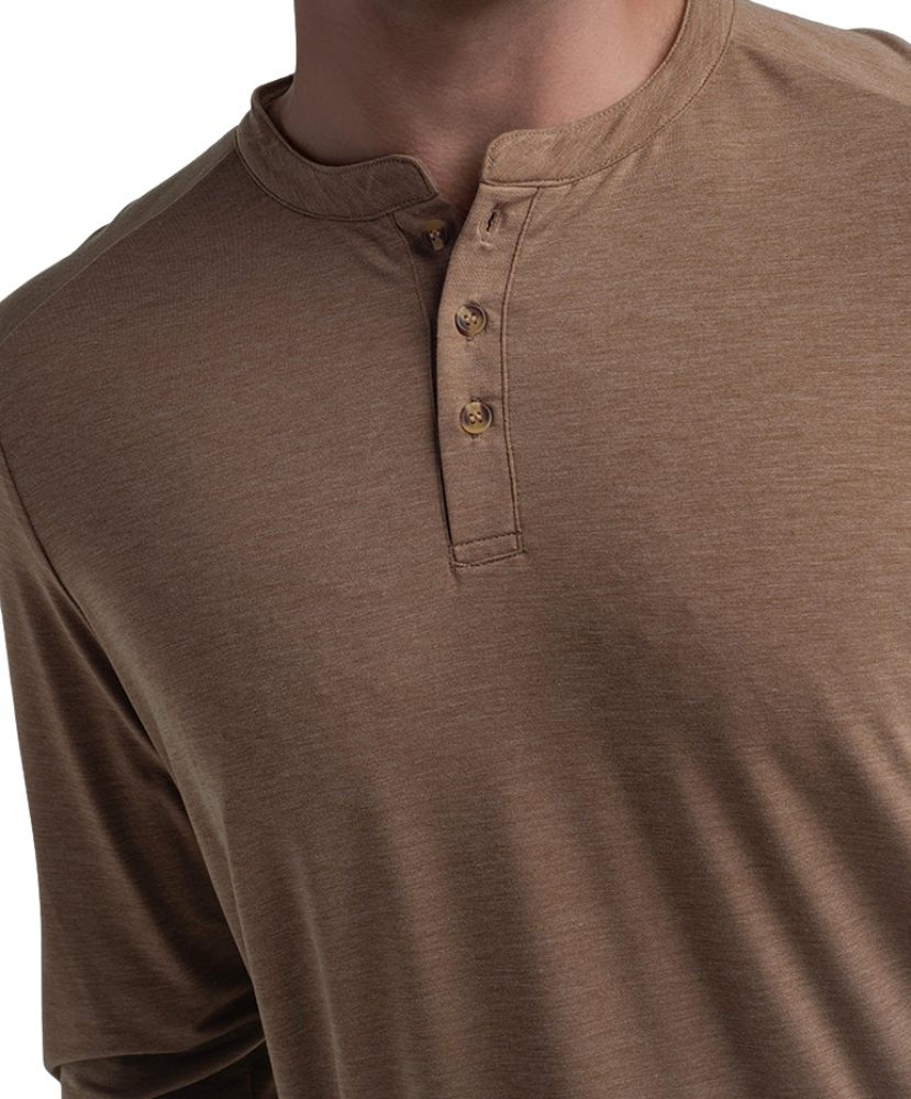 Brown long-sleeve henley shirt on a white background