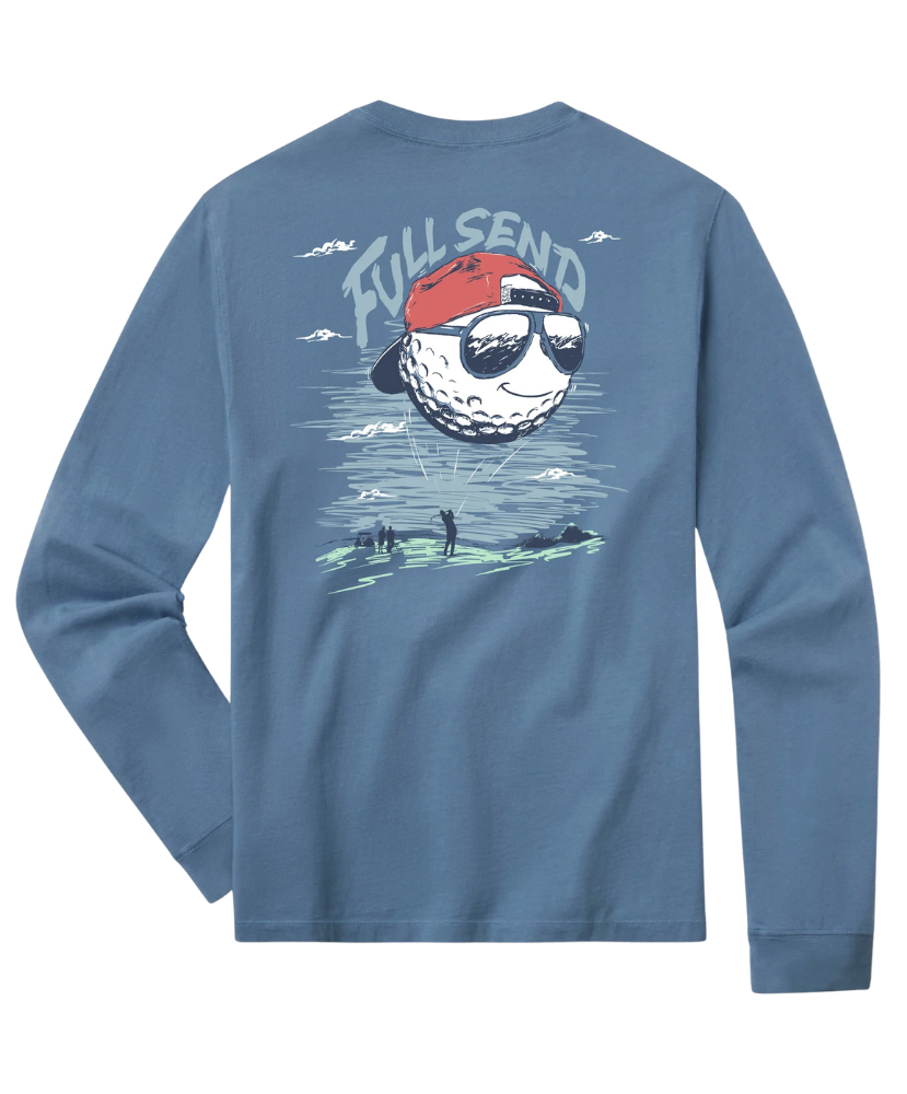 Blue long-sleeve shirt with a graphic of a golf ball wearing a red cap and sunglasses, and the text 'Full Send' on the back.