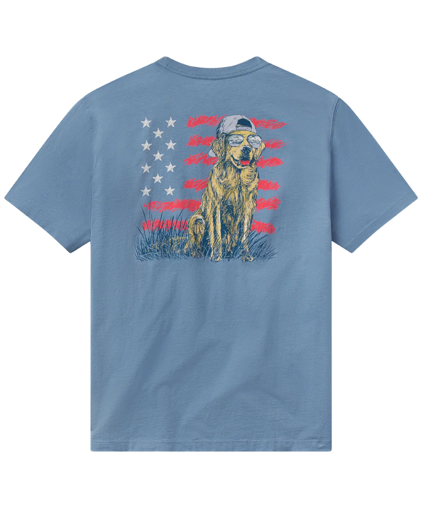 Blue t-shirt with a graphic of a dog and American flag design on the back, on a white background.