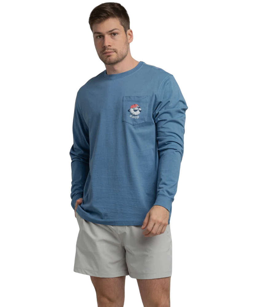 Man wearing a blue long-sleeve shirt with a logo on a white background