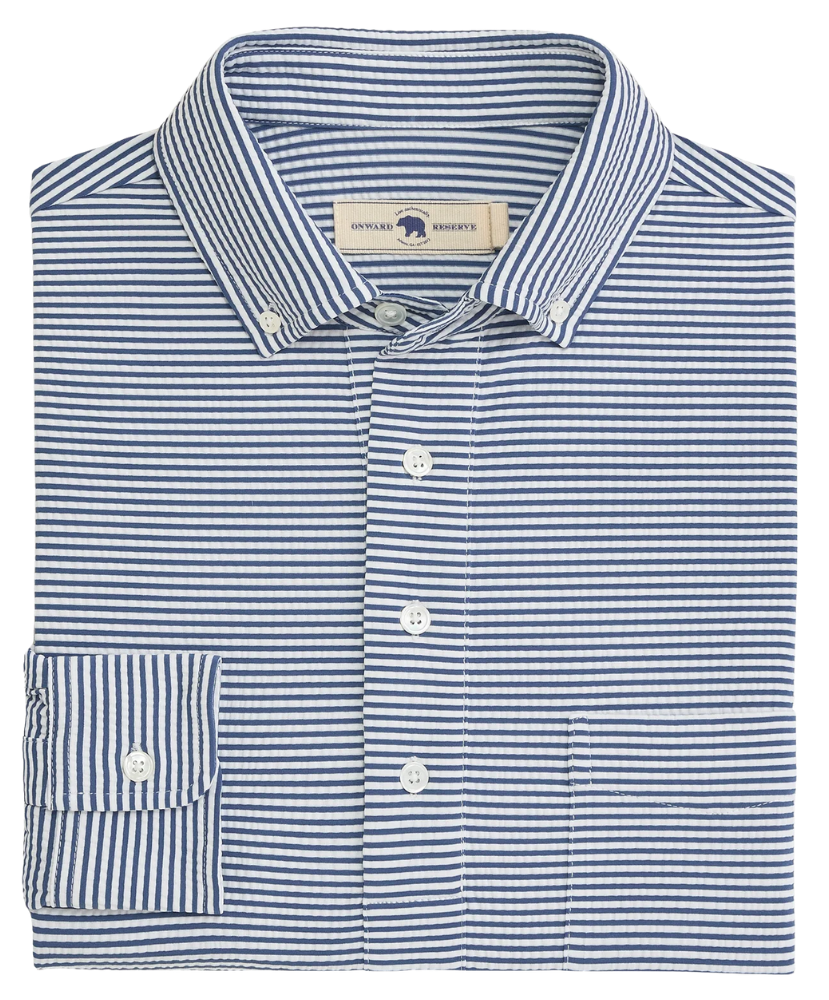 Navy and white seersucker striped Onward Reserve Drift shirt on a white background
