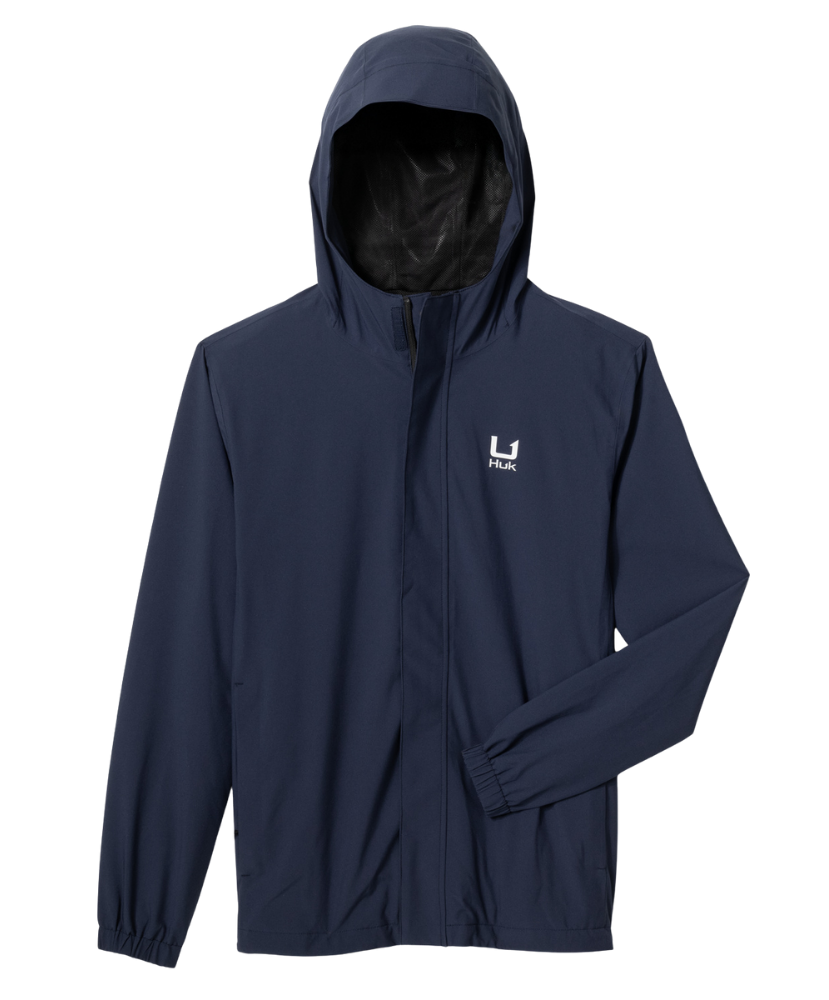 Navy blue HUK raincoat with a brand logo on a white background
