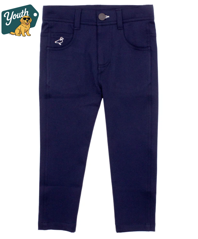 Navu Blue Youth Performance pants with a small logo on a white background