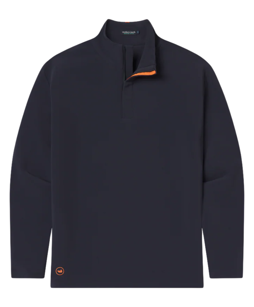 Navy blue quarter zip pullover with orange accents on a white background