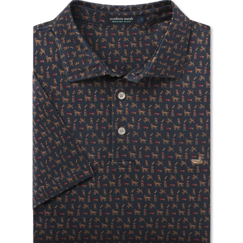 Navy polo with a golden doodle pattern prnt