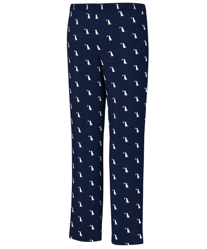 Navy blue pajama pants with white dog pattern on a white background