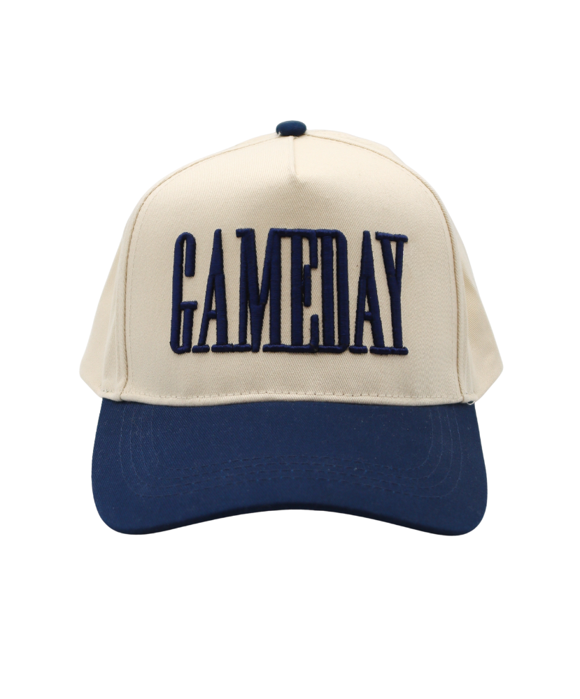 Beige and navy cap with 'GAMEDAY' text on a white background