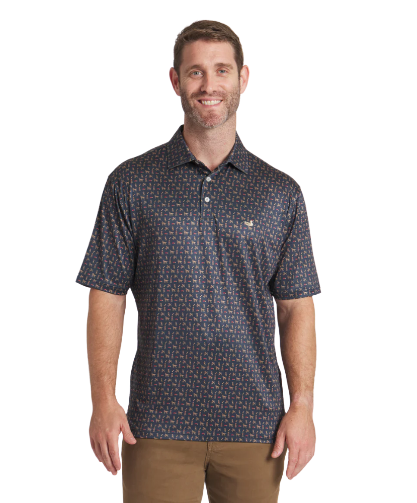 Navy polo with a golden doodle pattern prnt