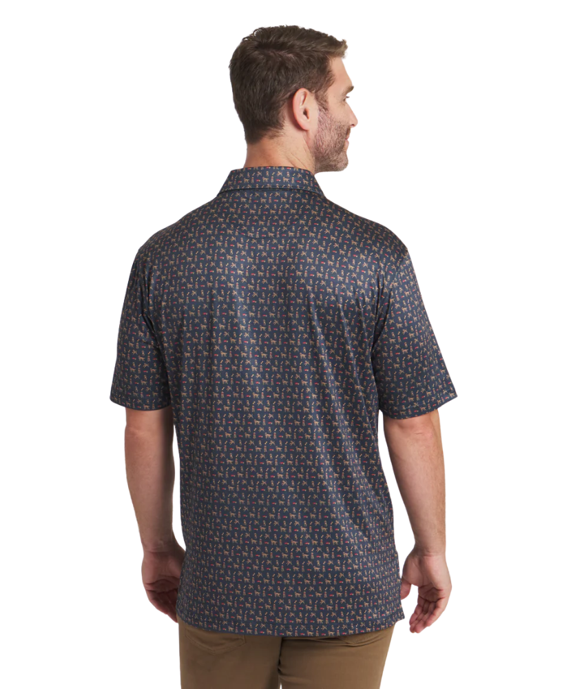 Navy polo with a golden doodle pattern prnt