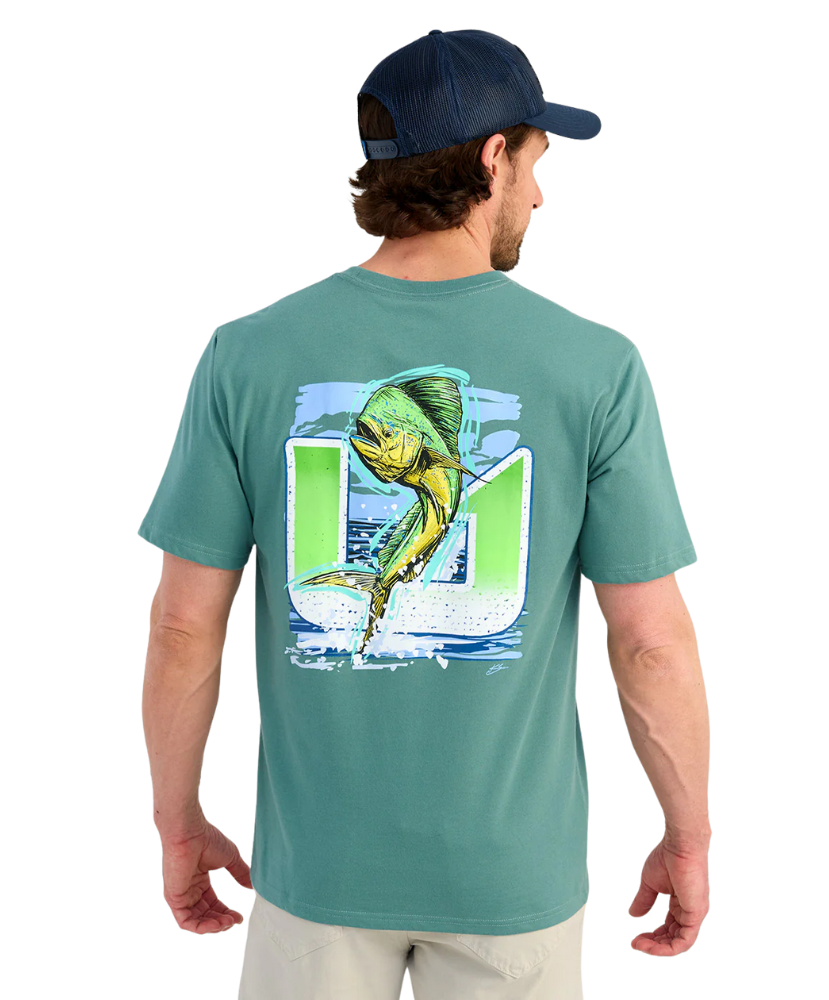 Man wearing a teal t-shirt with a MAHI MAHI fish graphic on a white background