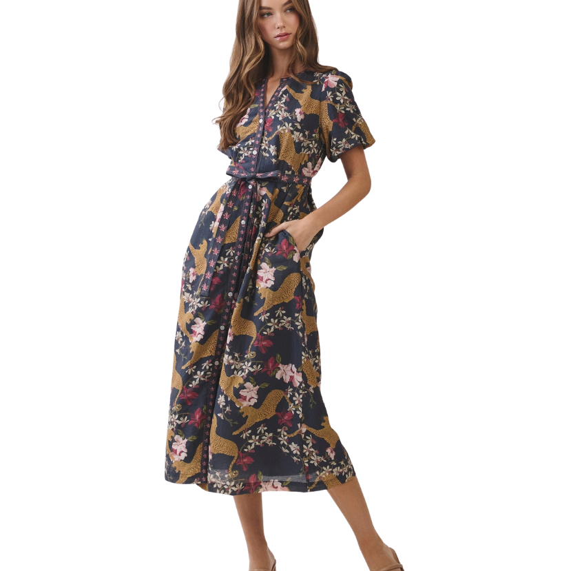 Animal Floral Print Belted Midi Dress