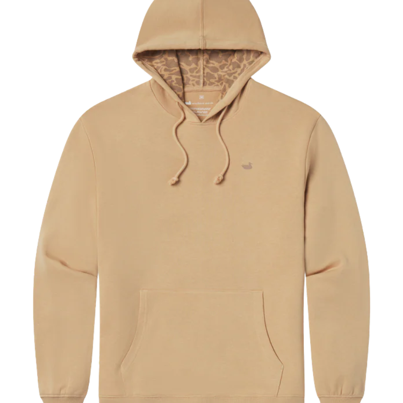 TAN hoodie with a camoflage inner lining on a white background