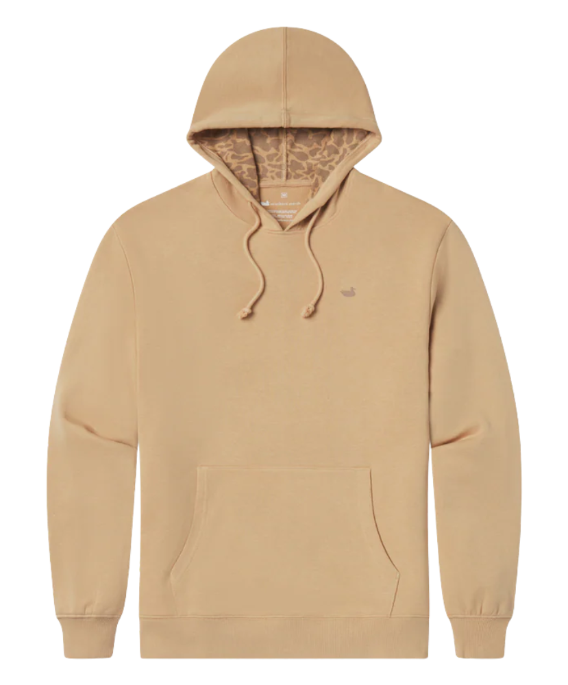 TAN hoodie with a camoflage inner lining on a white background