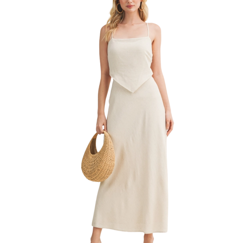 Woman wearing a BEIGE Scarf Top Dress on a white background