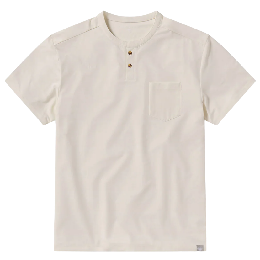 Off-white short-sleeve henley shirt on a white background
