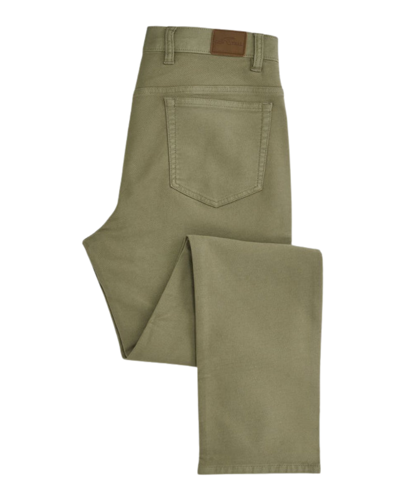Folded olive green pants on a white background
