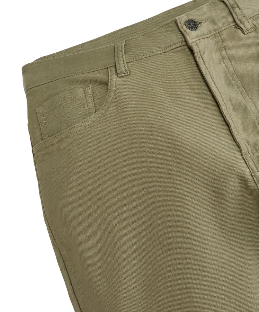 Close-up of olive green pants on a white background